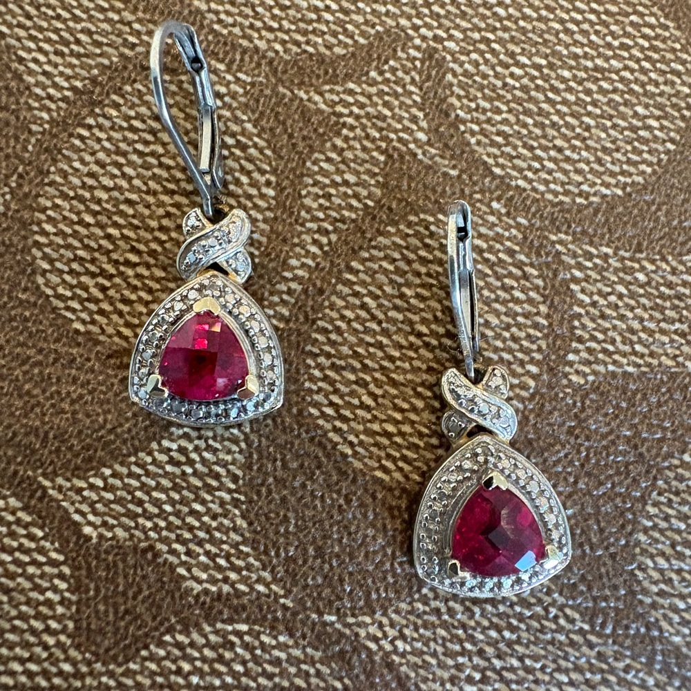 LARGE Genuine Diamond Ruby Art Deco Earrings 925 Sterling Estate Like New
